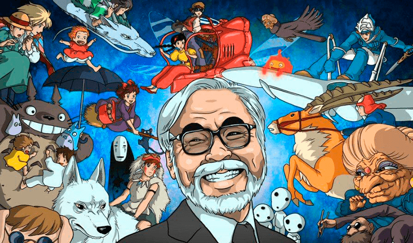 Ilustración de Hayao Miyazaki rodeado de los personajes de sus películas de Studio Ghibli