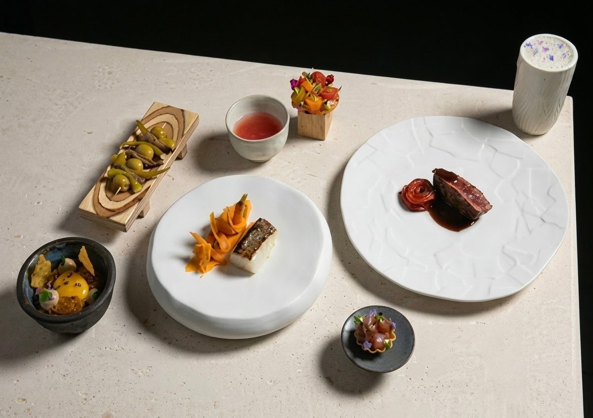 Varios platos del menú de Eneko Basque servidos sobre una mesa de piedra clara