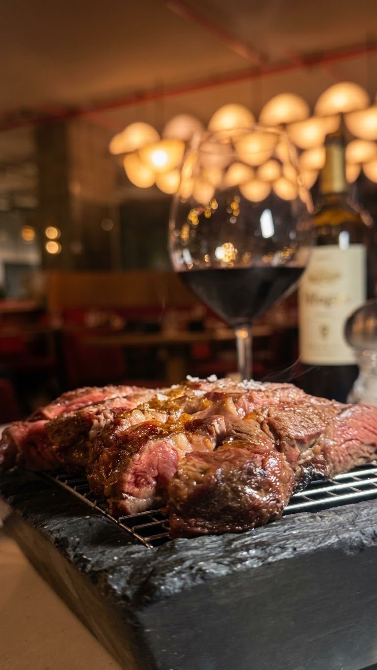 Carne a la brasa sobre la parrilla en Eneko Basque, con una copa de vino tinto y la sala del Radisson RED al fondo
