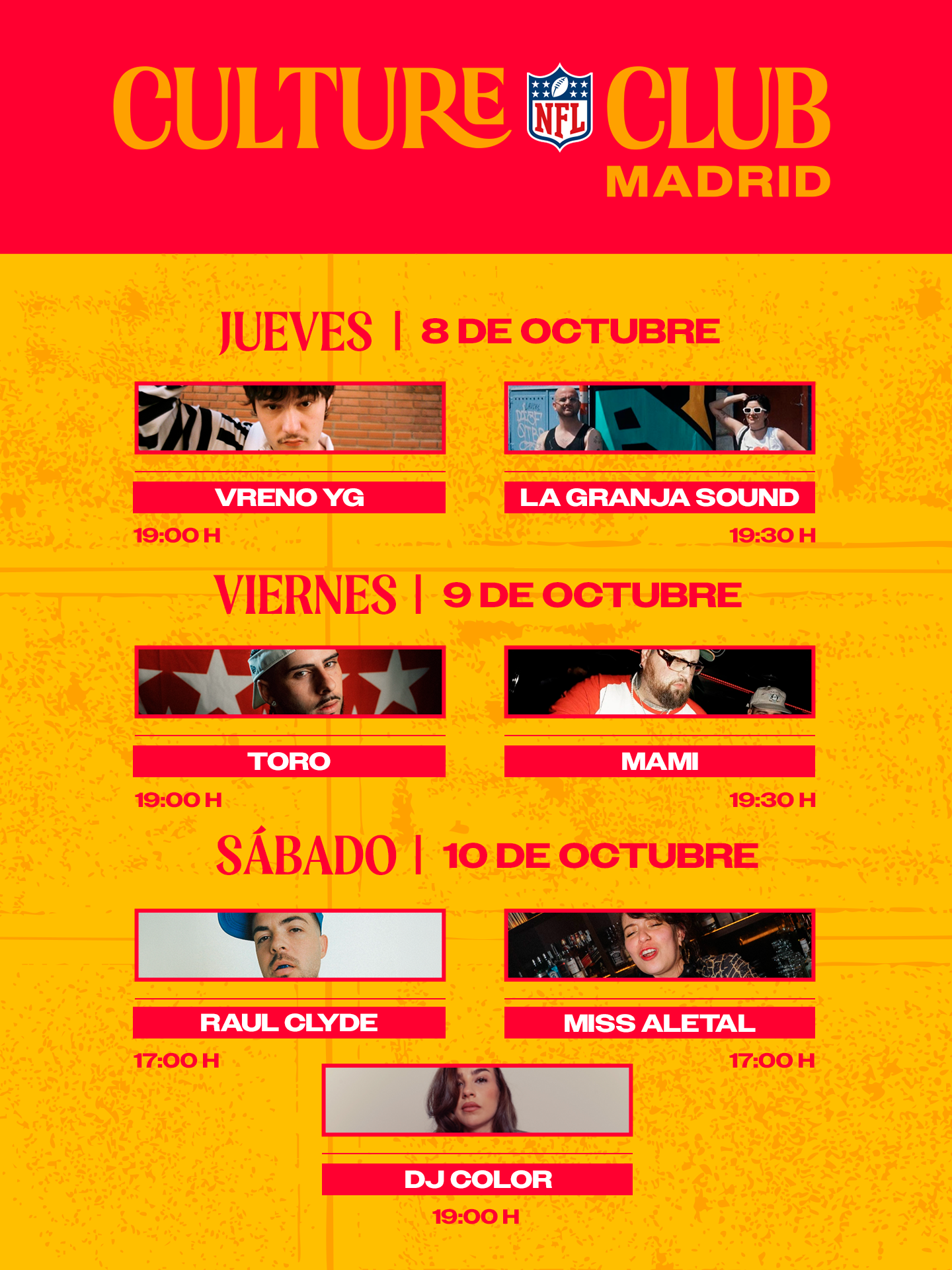 Cartel con la programación musical de NFL Culture Club Madrid del 8 al 10 de octubre